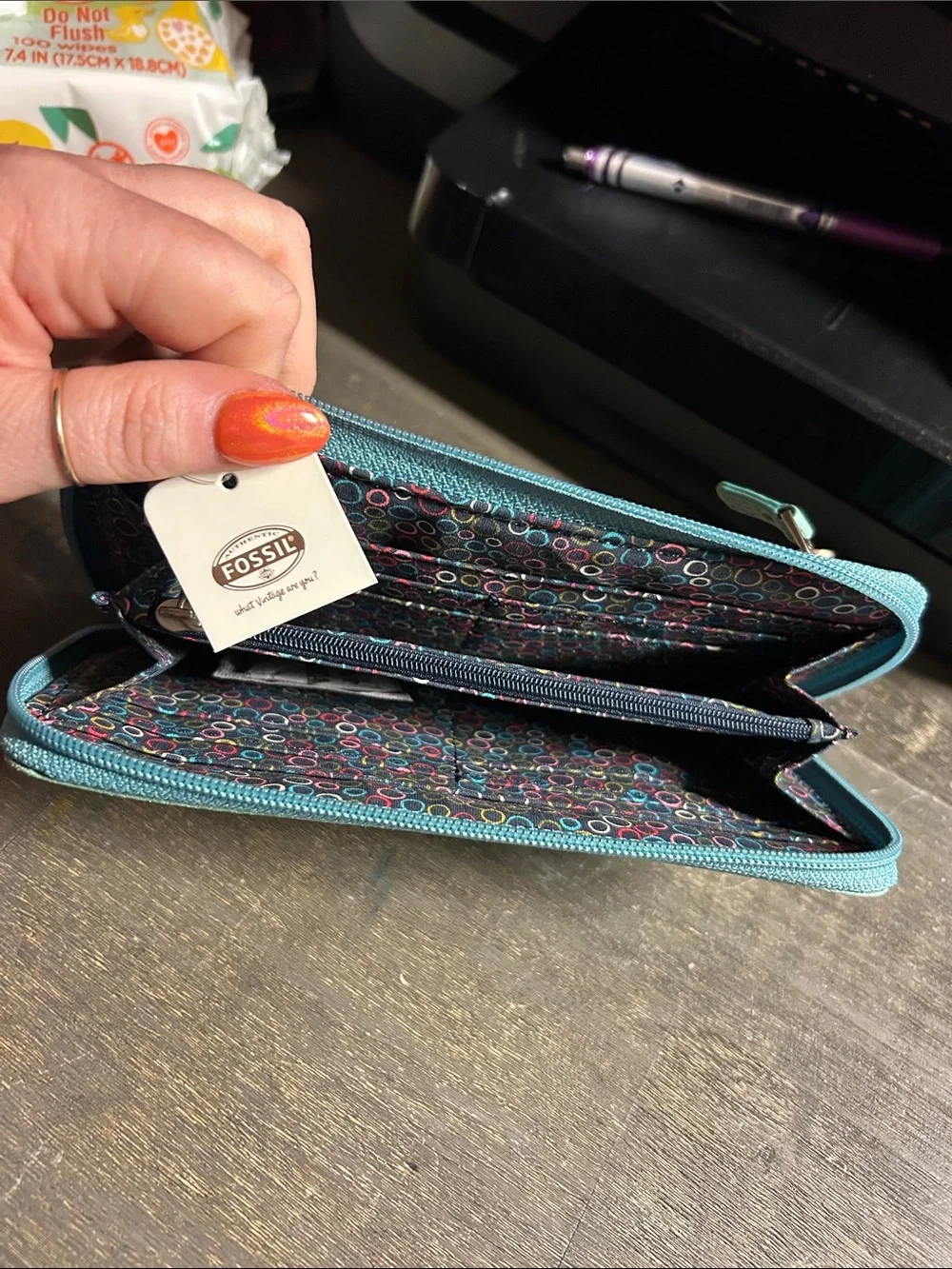 Fossil Leather Zippered Wallet in Dusty Mint Green